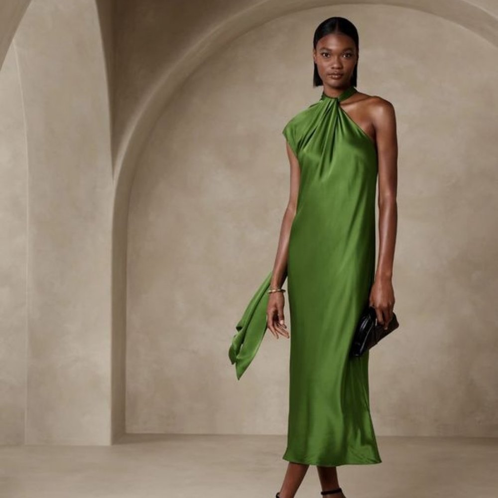 Banana Republic Kaia Silk Midi Dress - Green Size Petite Small NWT
